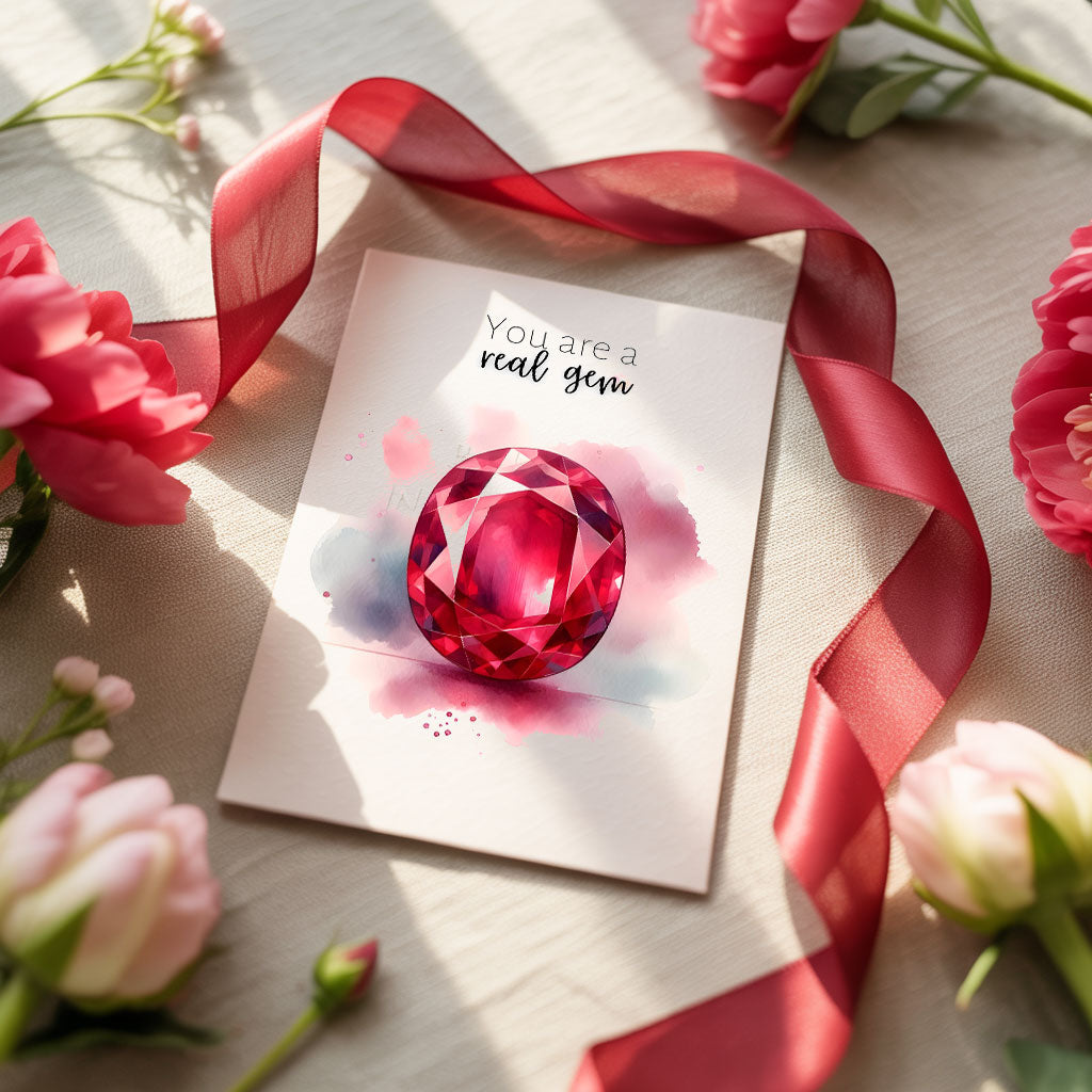 Greeting card with red ruby watercolor illustration and 'You are a real gem' text, surrounded by flowers.