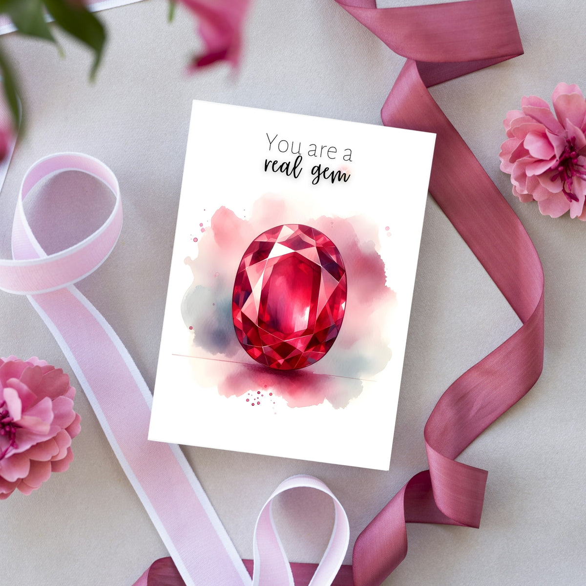 "You are a real gem" Watercolor Oval Ruby Folded anniversary or Birthday Card by Nodeform