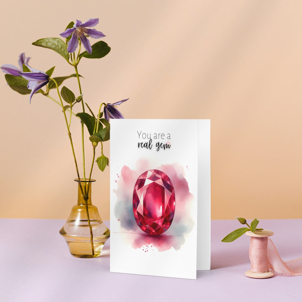 "You are a real gem" Watercolor Oval Ruby Folded anniversary or Birthday Card by Nodeform