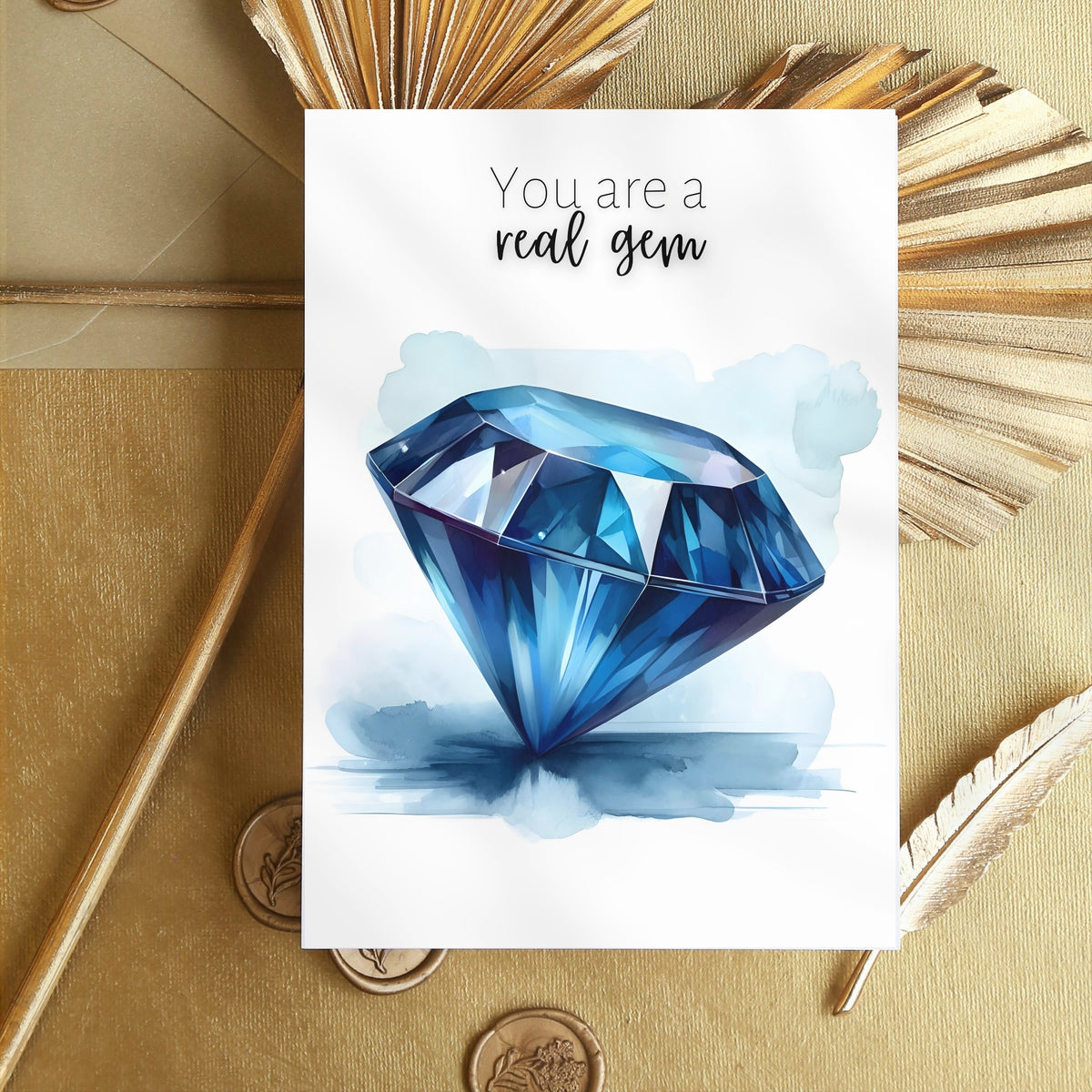 "You are a real gem" Watercolor Round Blue Sapphire Greeting Card Card on gold background