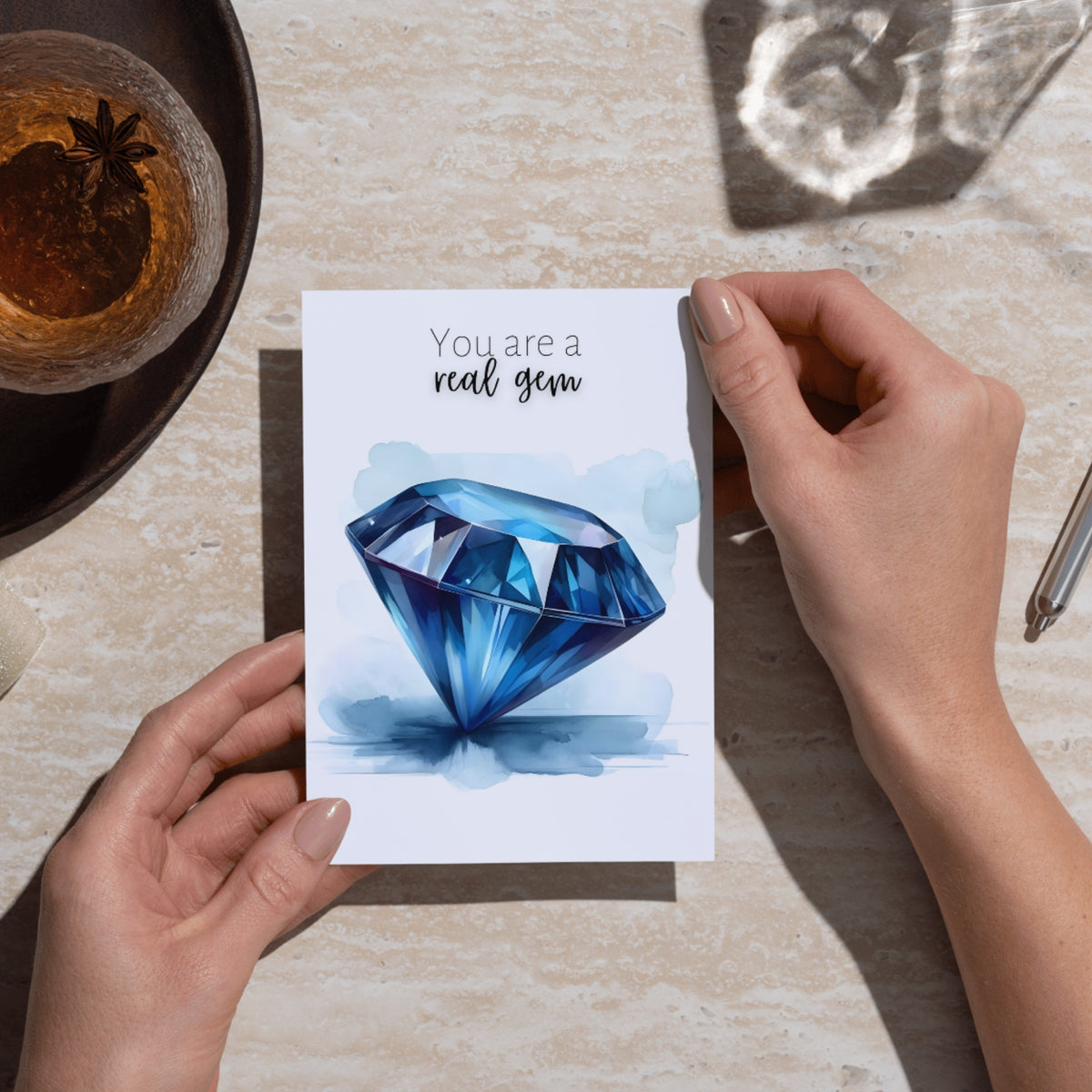 "You are a real gem" Watercolor Round Blue Sapphire Greeting Card Card