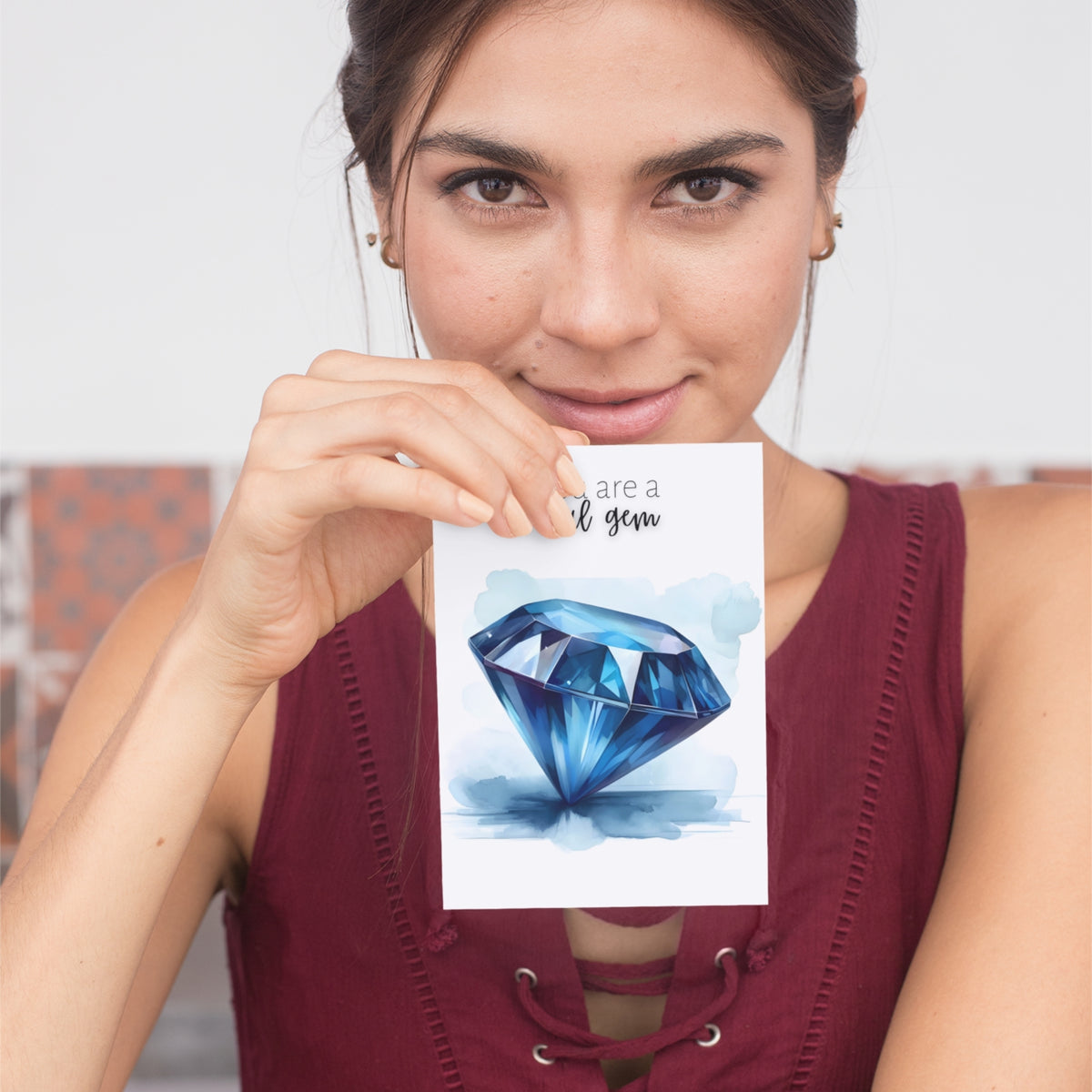 woman holding You are a real gem Watercolor Round Blue Sapphire Greeting Card