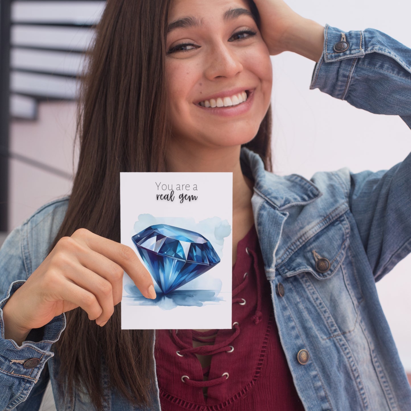 woman smiling with "You are a real gem" Watercolor Round Blue Sapphire Greeting Card Card