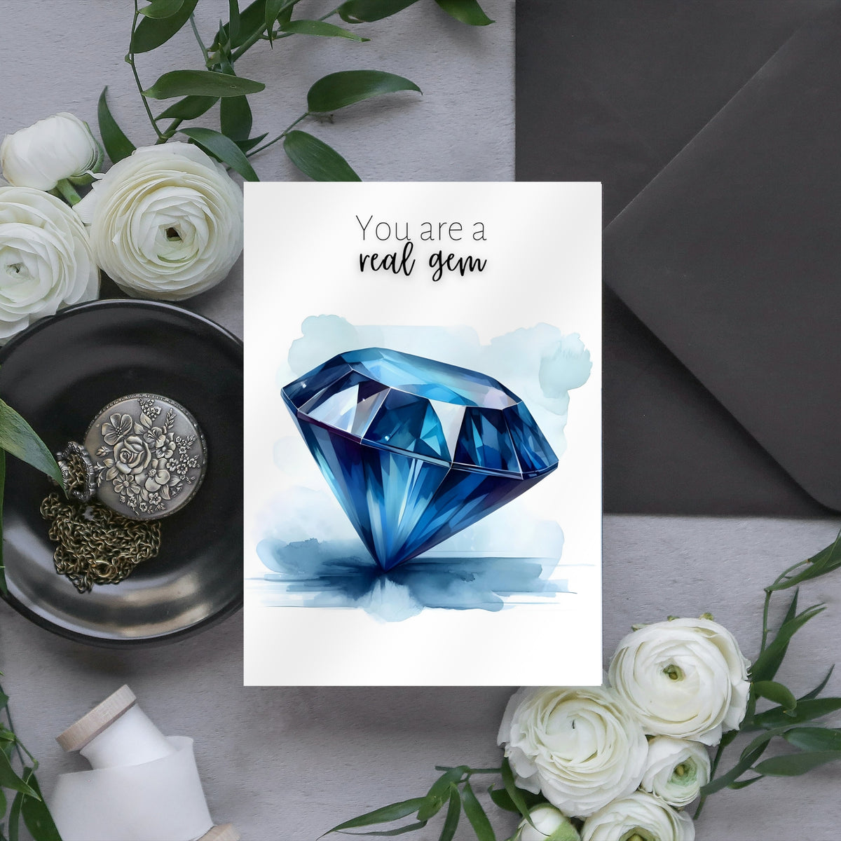 romantic styles photo of "You are a real gem" Watercolor Round Blue Sapphire Greeting Card Card