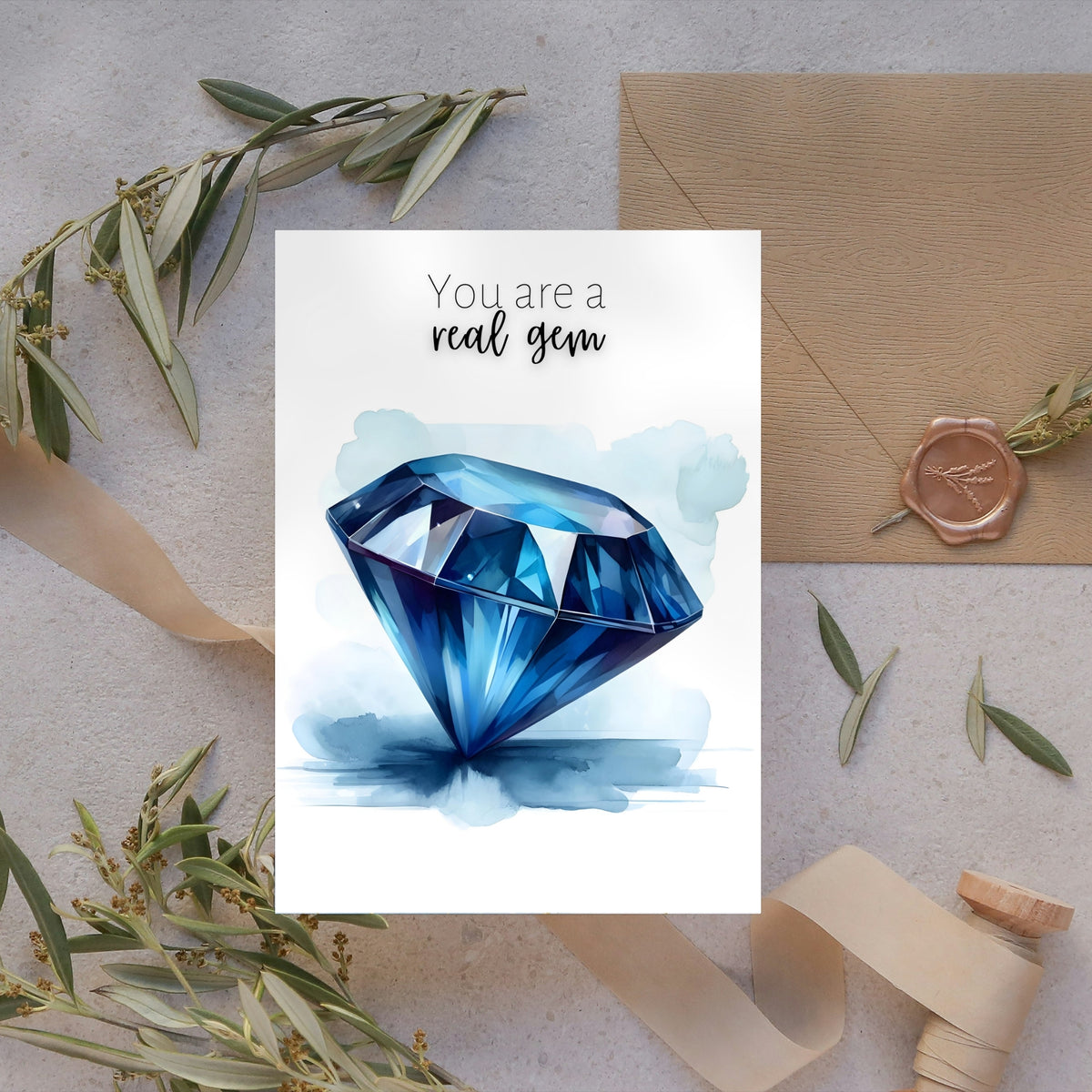 "You are a real gem" Watercolor Round Blue Sapphire Greeting Card Card lifestye image