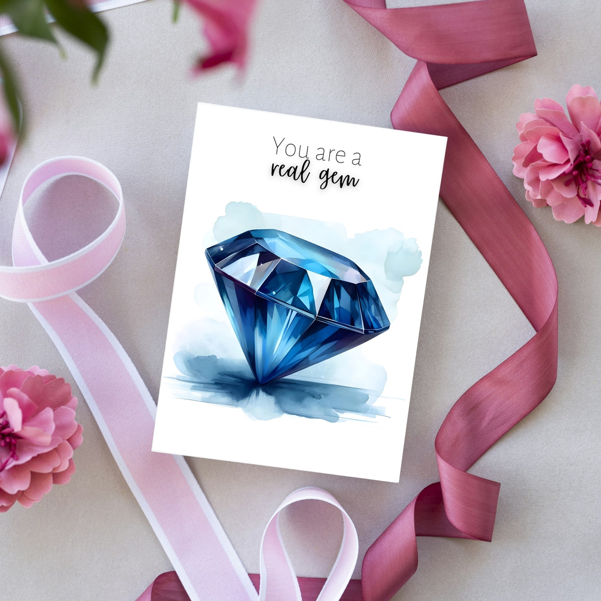 "You are a real gem" Watercolor Round Blue Sapphire Greeting Card Card with pink ribbons
