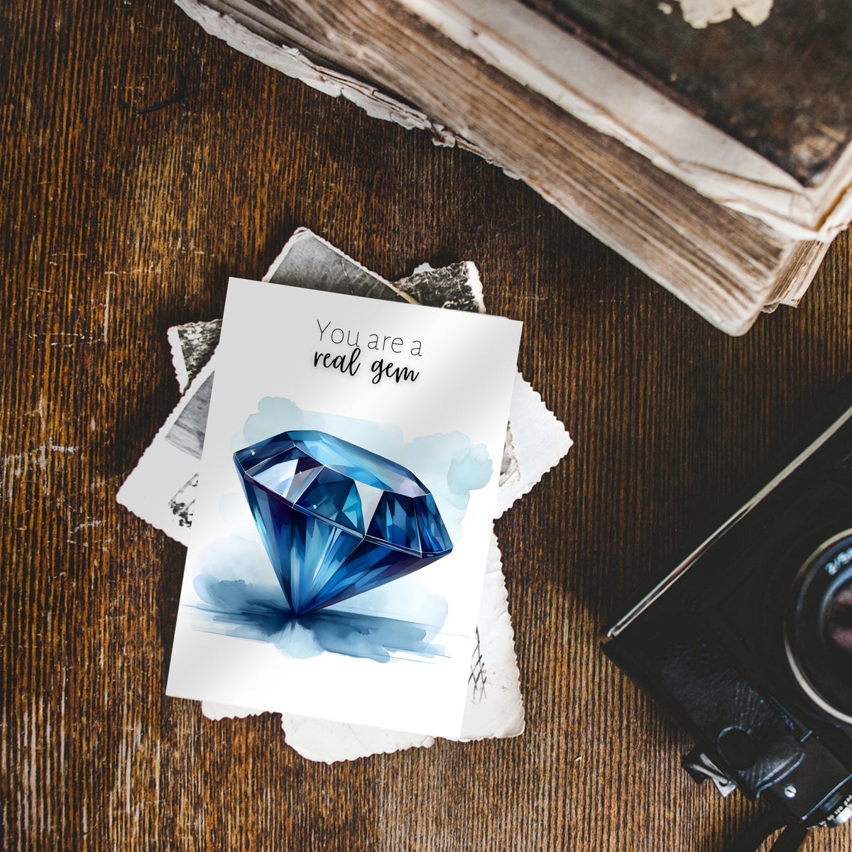 "You are a real gem" Watercolor Round Blue Sapphire Greeting Card Card on rustic table