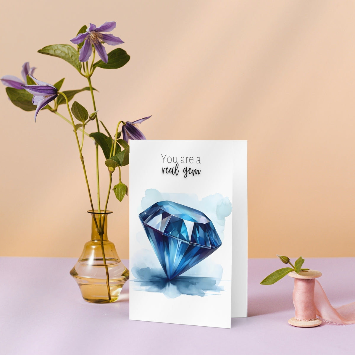 You are a real gem Watercolor Round Blue Sapphire Greeting Card