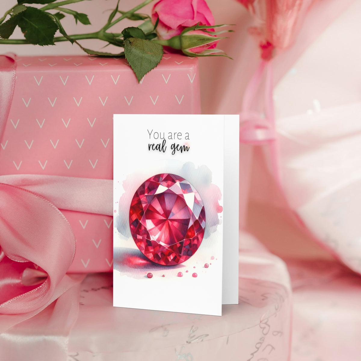 You are a real Gem Watercolor Round Ruby Birthstone Greeting Thank you Card