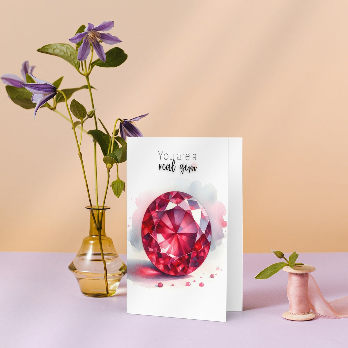 You are a real Gem Watercolor Round Ruby Birthstone Greeting Thank you Card