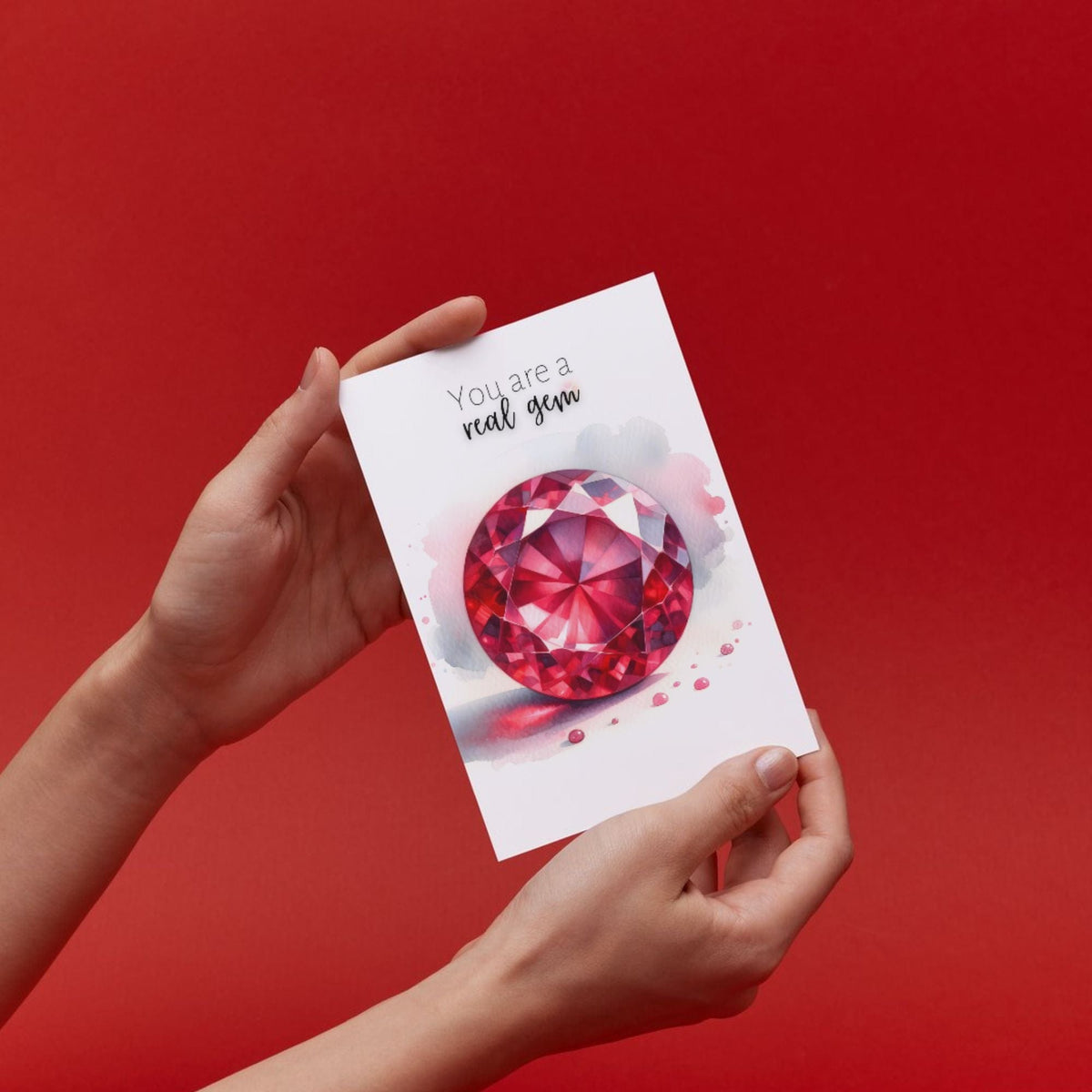 "You are a real Gem" Watercolor Round Ruby Greeting Card by Nodeform