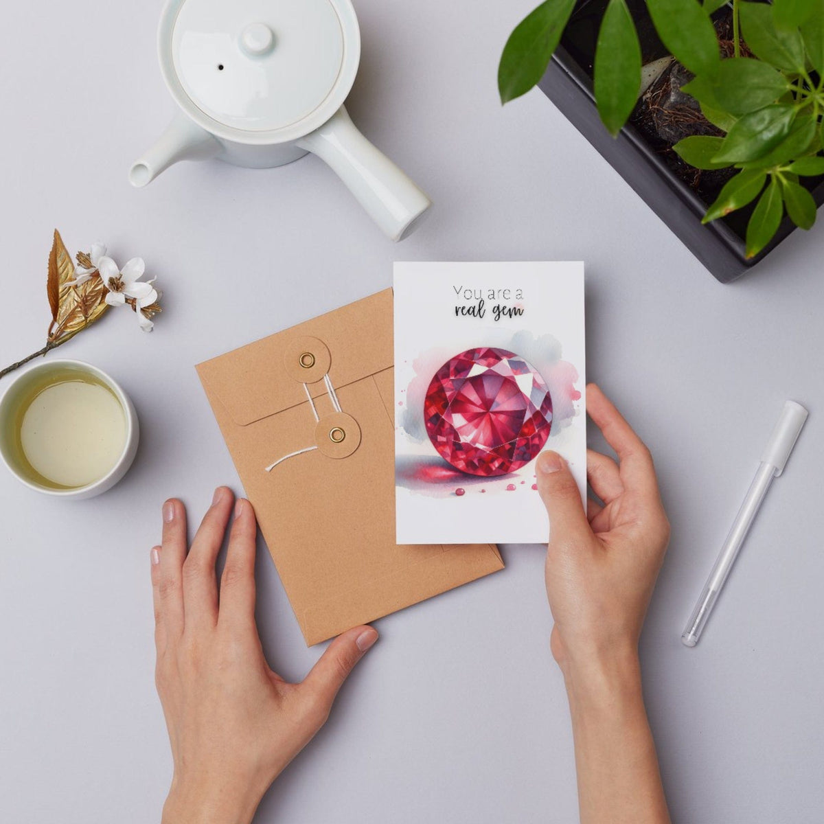 "You are a real Gem" Watercolor Round Ruby Greeting Card by Nodeform