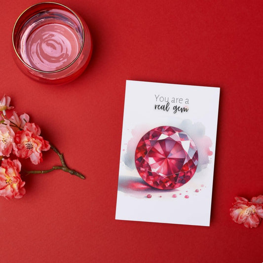 "You are a real Gem" Watercolor Round Ruby Greeting Card by Nodeform