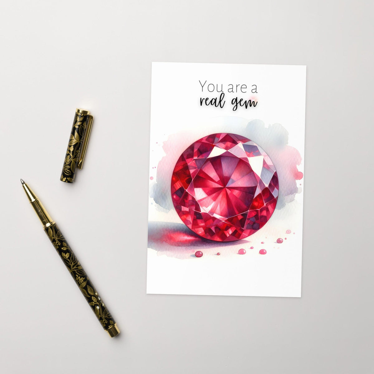 "You are a real Gem" Watercolor Round Ruby Greeting Card by Nodeform
