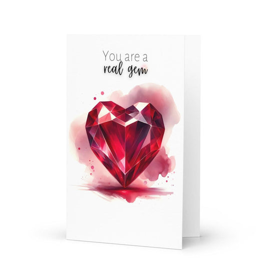 "You are a real gem" Watercolor Ruby Heart Folded Card Cards by Nodeform