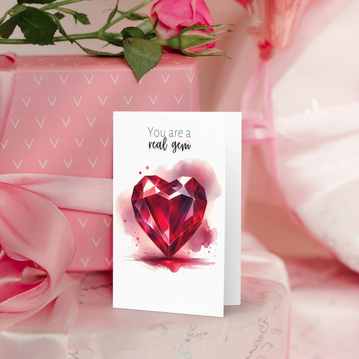 You are a real gem Watercolor Ruby Heart Folded Anniversary or July Birthday Card
