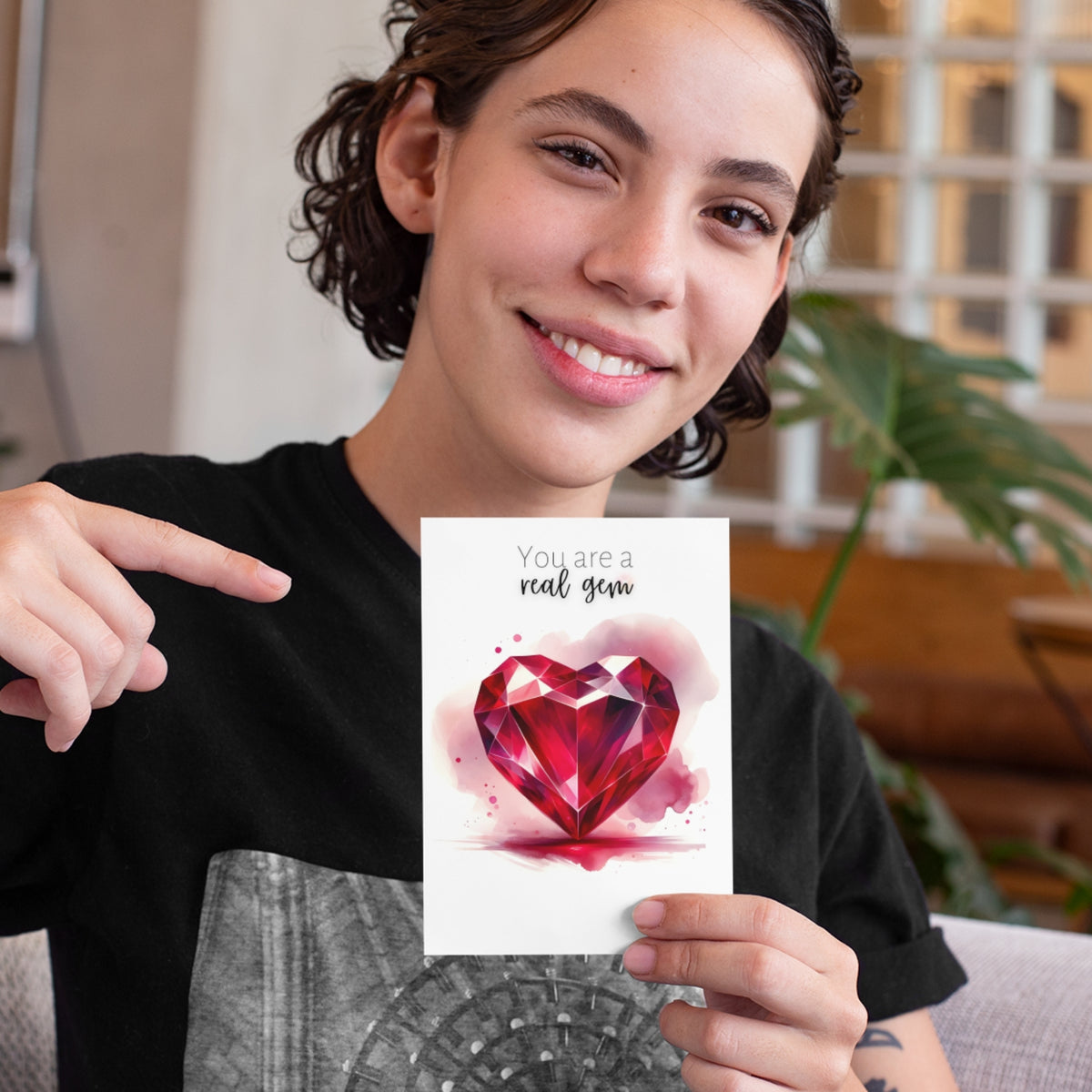 woman pointing to You are a real gem Watercolor Ruby Heart Folded Anniversary or July Birthday Card