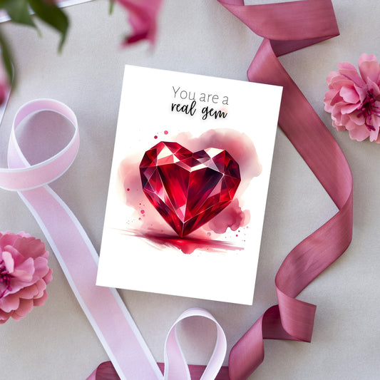 You are a real gem Watercolor Ruby Heart Folded Anniversary or July Birthday Card