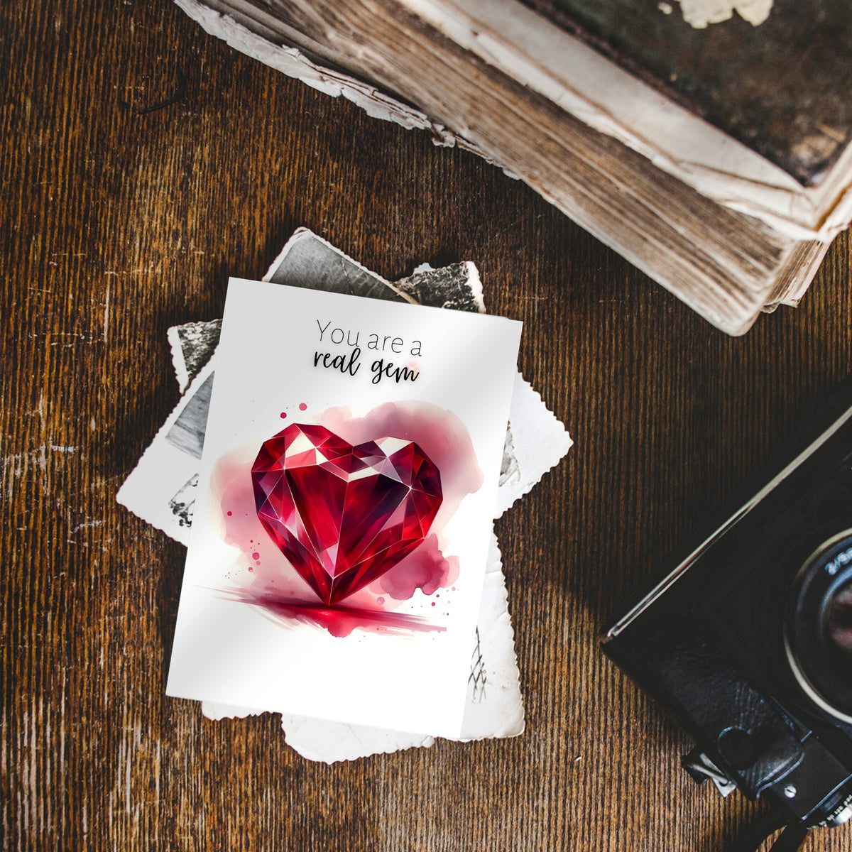 You are a real gem Watercolor Ruby Heart Folded Anniversary or July Birthday Card
