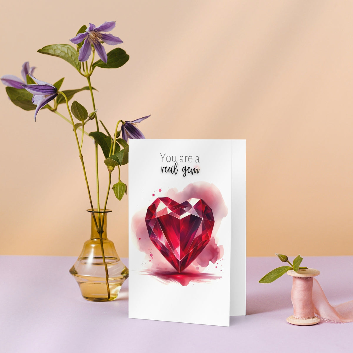 You are a real gem Watercolor Ruby Heart Folded Anniversary or July Birthday Card