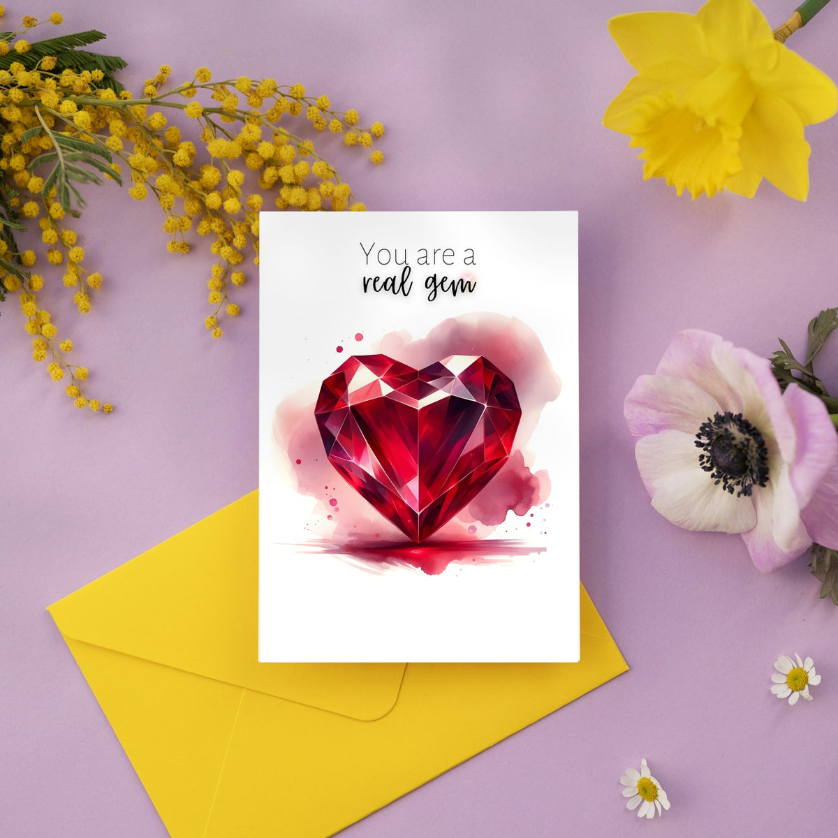 You are a real gem Watercolor Ruby Heart Folded Anniversary or July Birthday Card