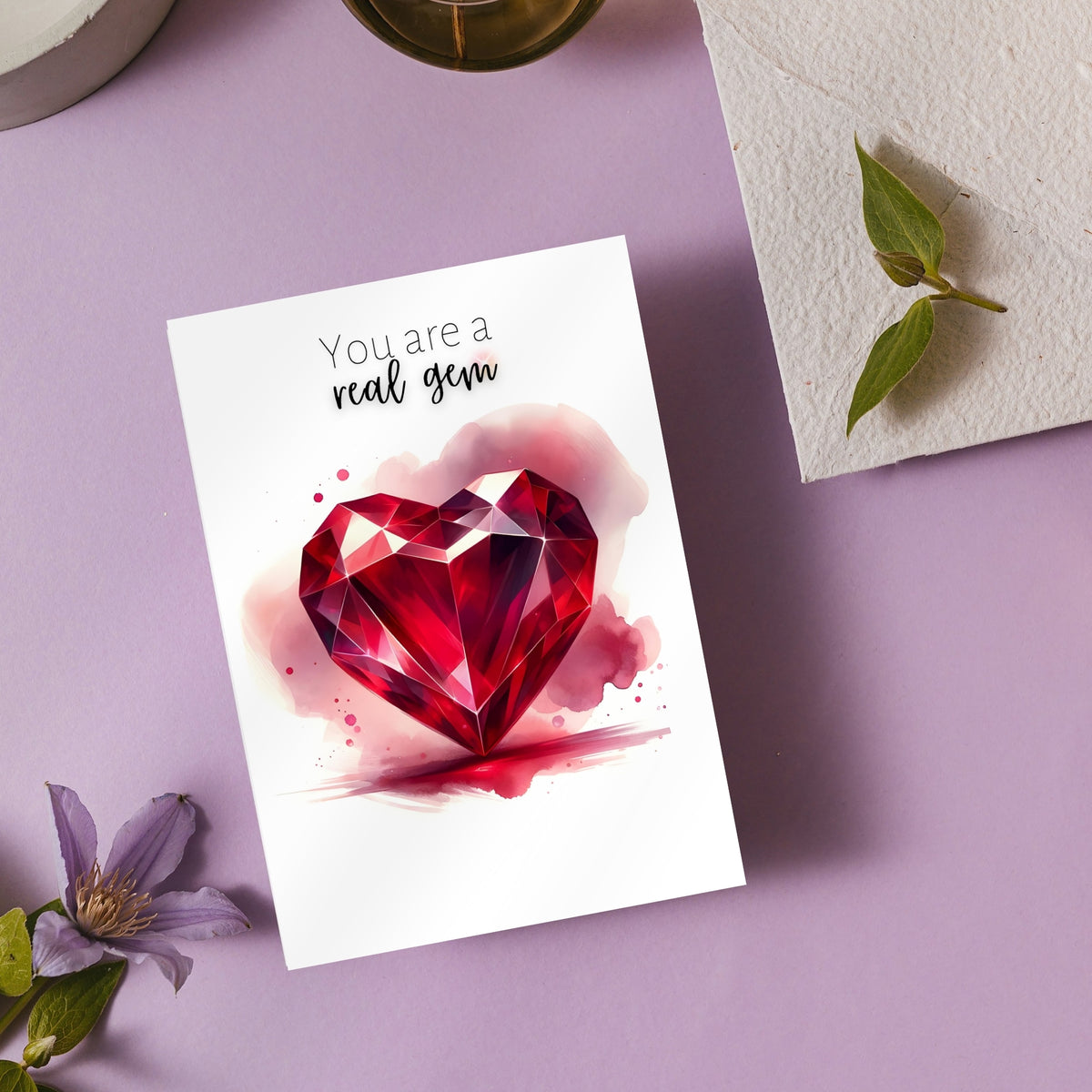 You are a real gem Watercolor Ruby Heart Folded Anniversary or July Birthday Card