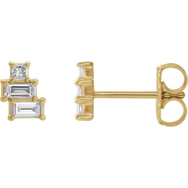 Geometric Art Deco Inspired Baguette and Princess Diamond Cluster Stud Earrings 14k Yellow Gold Earrings by Nodeform