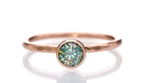 Round Teal Moissanite Martini Bezel Skinny Hammer Textured Stacking Solitaire Ring