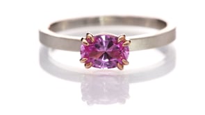 Oval Pink Lab Sapphire Rose Gold Prongs & Sterling Silver Stacking Ring, Size 4 to 9