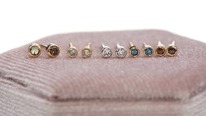 Tiny Teal Blue Diamond Bezel Set 14k Yellow Gold Stud Earrings, Ready to Ship