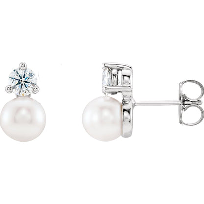 White Freshwater Cultured Pearl & Diamond Cluster Stud Earrings 14k Nickel White Gold (Rhodium-Plated) / Medium Size: 5mm Pearl & 3mm diamond Earrings by Nodeform