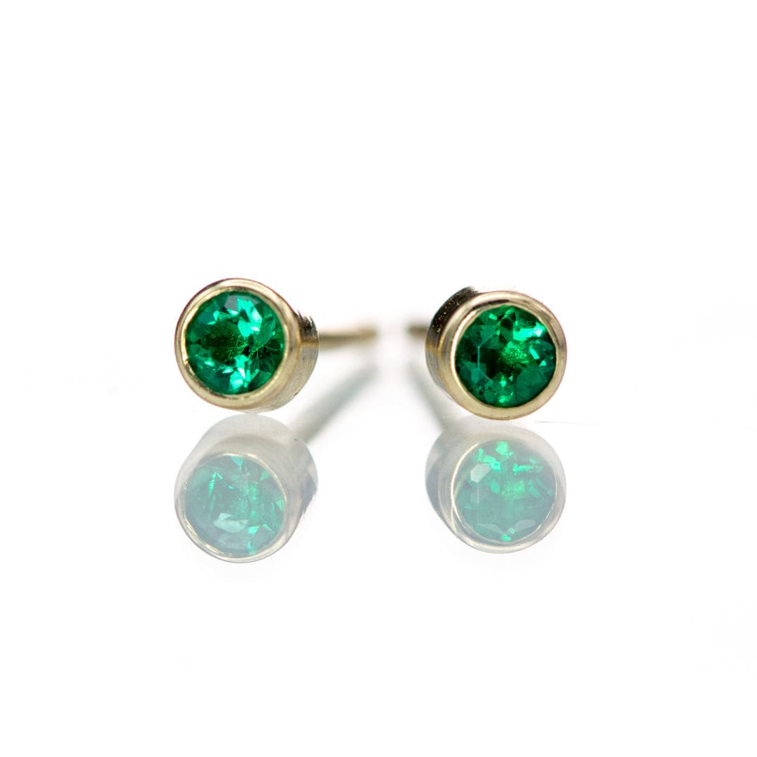 Tiny Green Emerald Bezel Set 14k Yellow Gold Stud Earrings, Ready to Ship Earrings by Nodeform