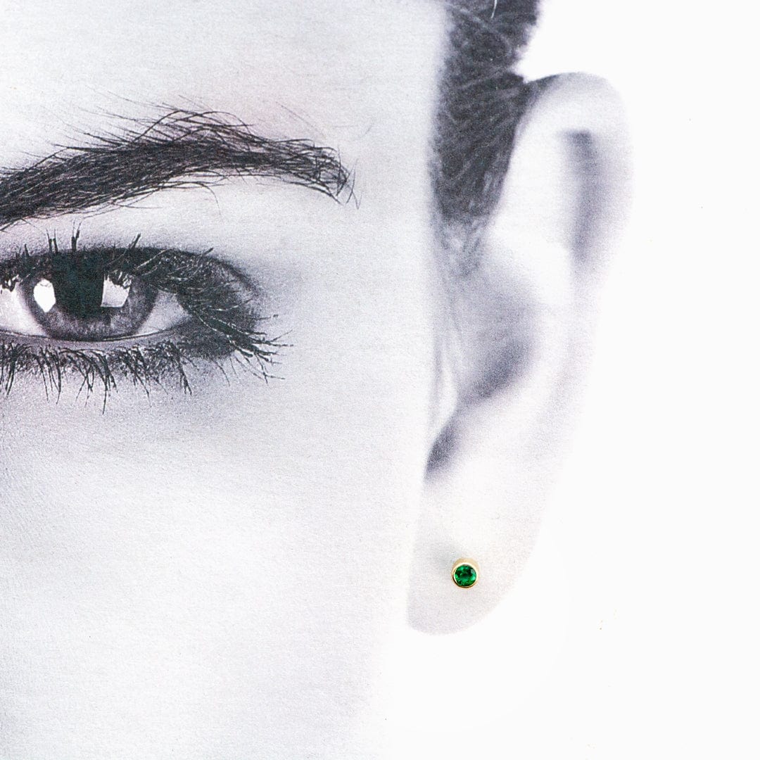 Tiny Green Emerald Bezel Set 14k Yellow Gold Stud Earrings, Ready to Ship Earrings by Nodeform