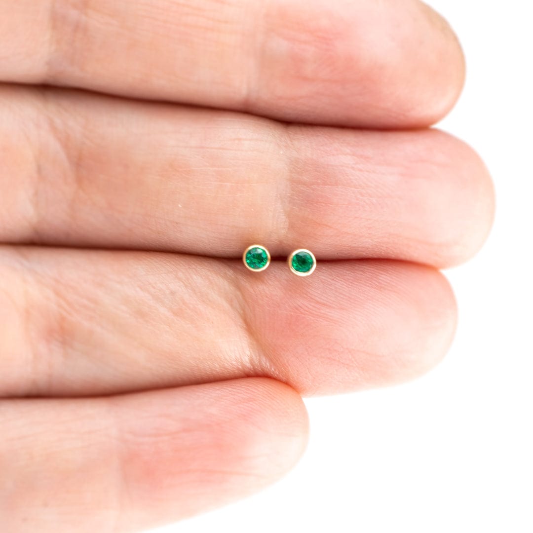 Tiny Green Emerald Bezel Set 14k Yellow Gold Stud Earrings, Ready to Ship Earrings by Nodeform