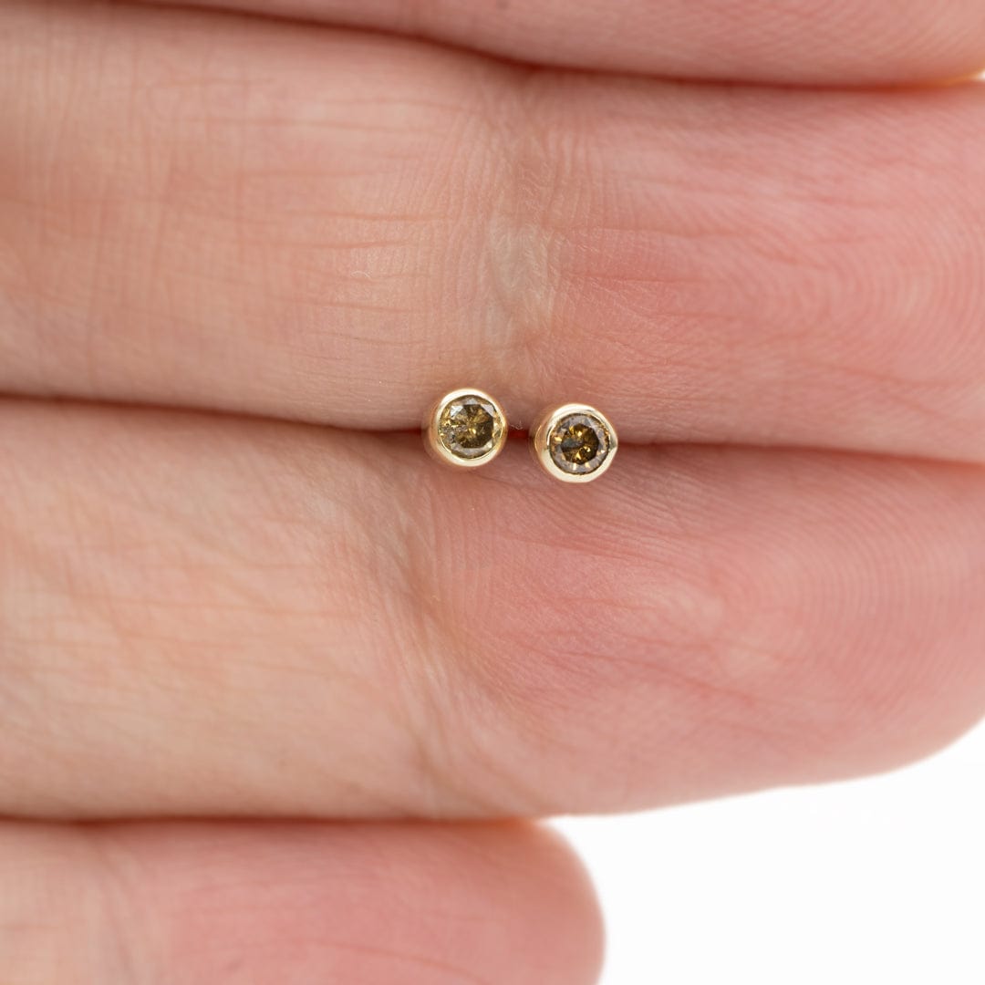 Tiny Cognac colored Diamond Bezel Set 14k Yellow Gold Stud Earrings, Ready to Ship Earrings by Nodeform
