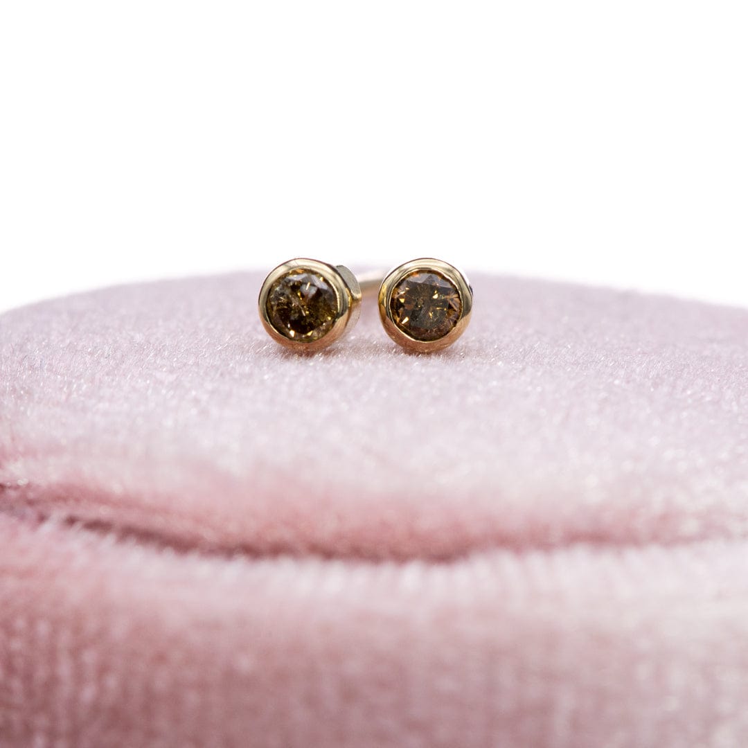 Tiny Cognac colored Diamond Bezel Set 14k Yellow Gold Stud Earrings, Ready to Ship Earrings by Nodeform