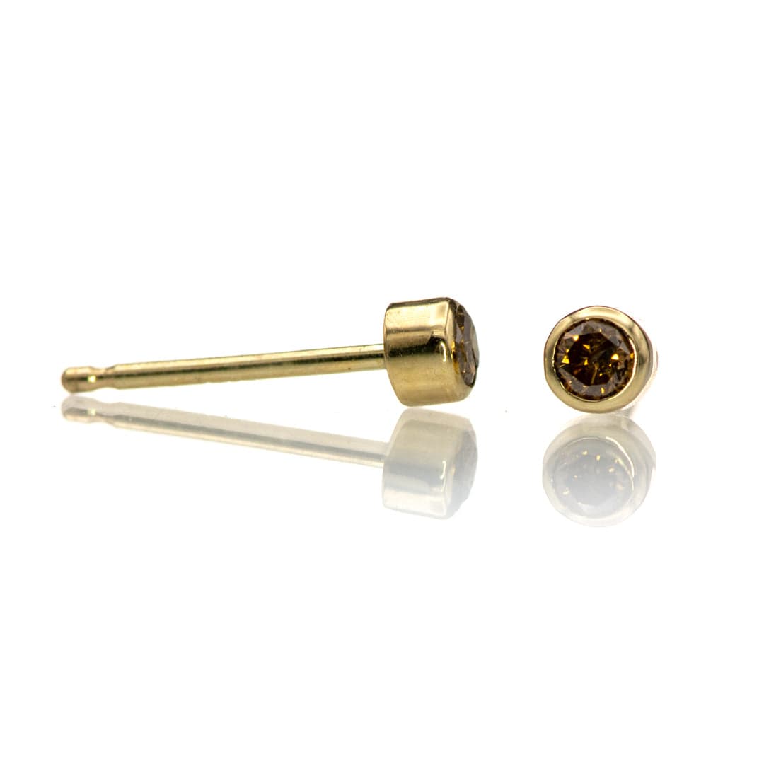 Tiny Cognac colored Diamond Bezel Set 14k Yellow Gold Stud Earrings, Ready to Ship Earrings by Nodeform