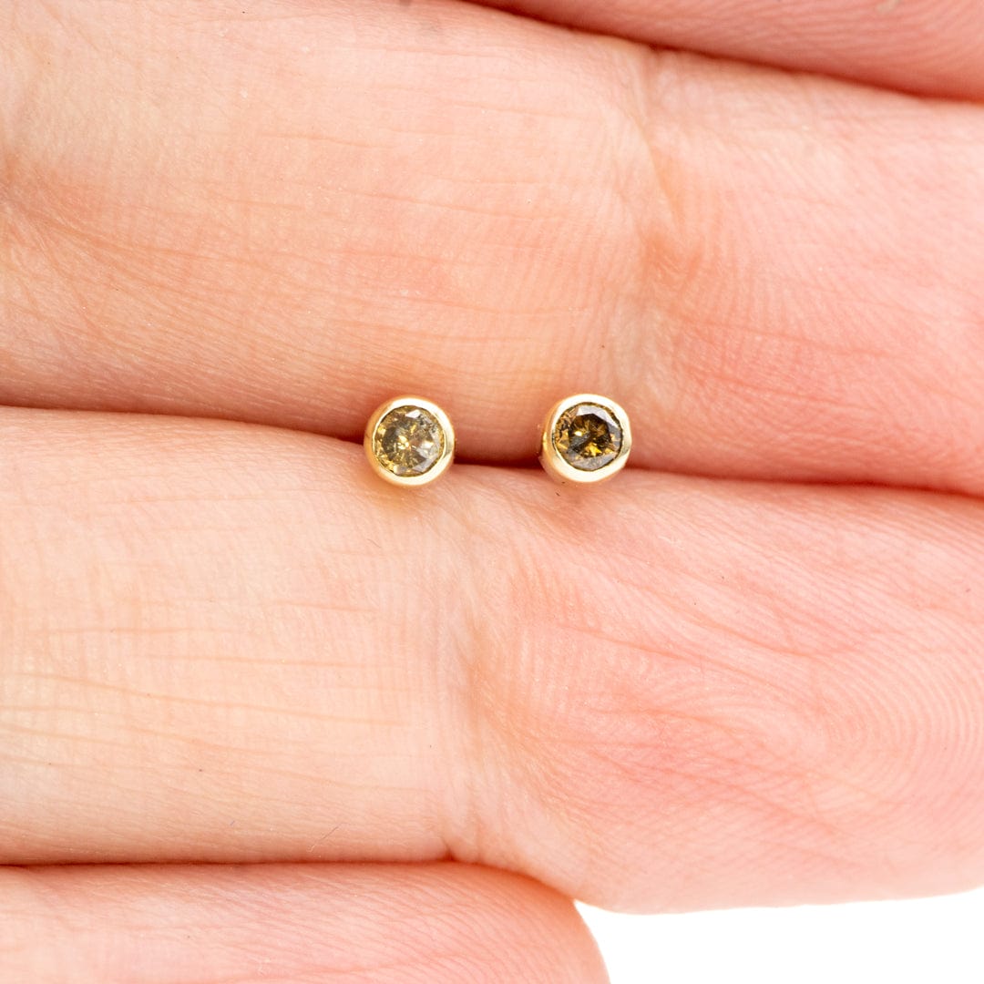 Tiny Cognac colored Diamond Bezel Set 14k Yellow Gold Stud Earrings, Ready to Ship Earrings by Nodeform