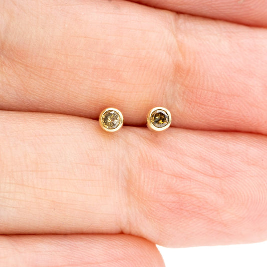 Tiny Cognac colored Diamond Bezel Set 14k Yellow Gold Stud Earrings, Ready to Ship Earrings by Nodeform