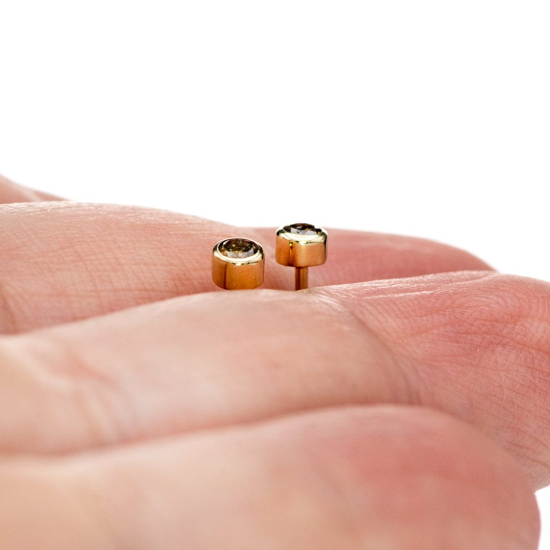 Tiny Cognac colored Diamond Bezel Set 14k Yellow Gold Stud Earrings, Ready to Ship Earrings by Nodeform