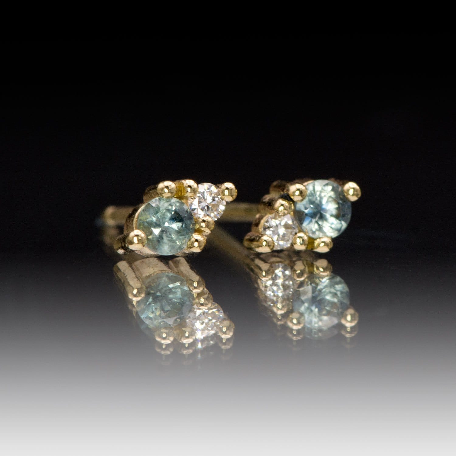 Fair Trade Blue-Green Montana Sapphire & Diamond Stud Earrings 14k Yellow Gold Earrings by Nodeform