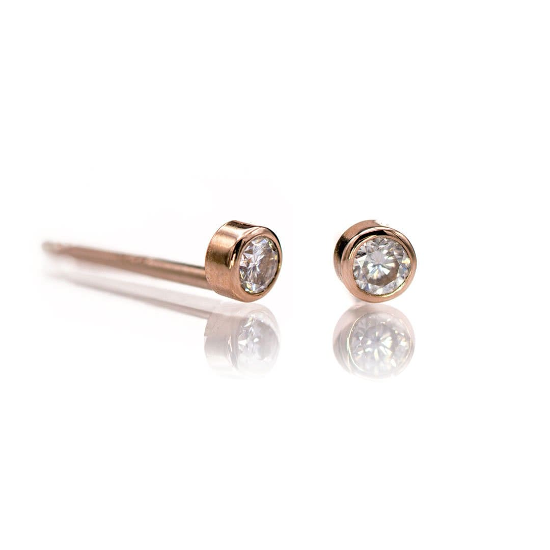 Tiny Bezel Set  Diamond Micro Stud Earrings 14k Rose Gold / Lab-Created White Diamond Earrings by Nodeform