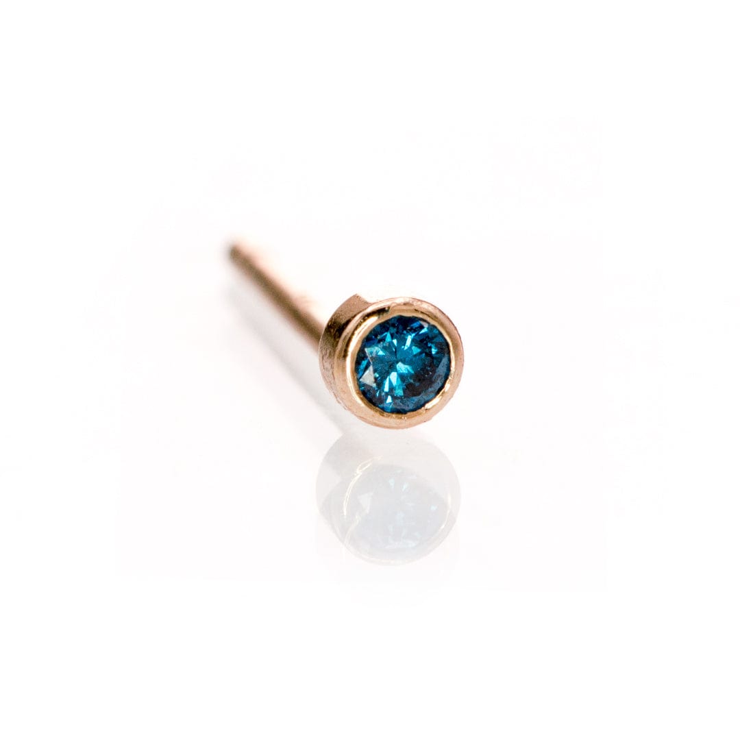 Tiny Teal Blue Diamond Bezel Set Gold or Platinum Single Stud Earring 14k Rose Gold / 2mm diameter/~0.03 ct Earrings by Nodeform