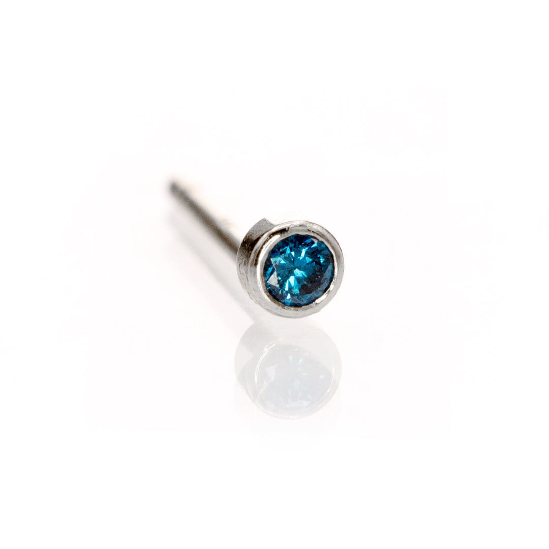 Tiny Teal Blue Diamond Bezel Set Gold or Platinum Single Stud Earring 14k White Gold / 2mm diameter/~0.03 ct Earrings by Nodeform