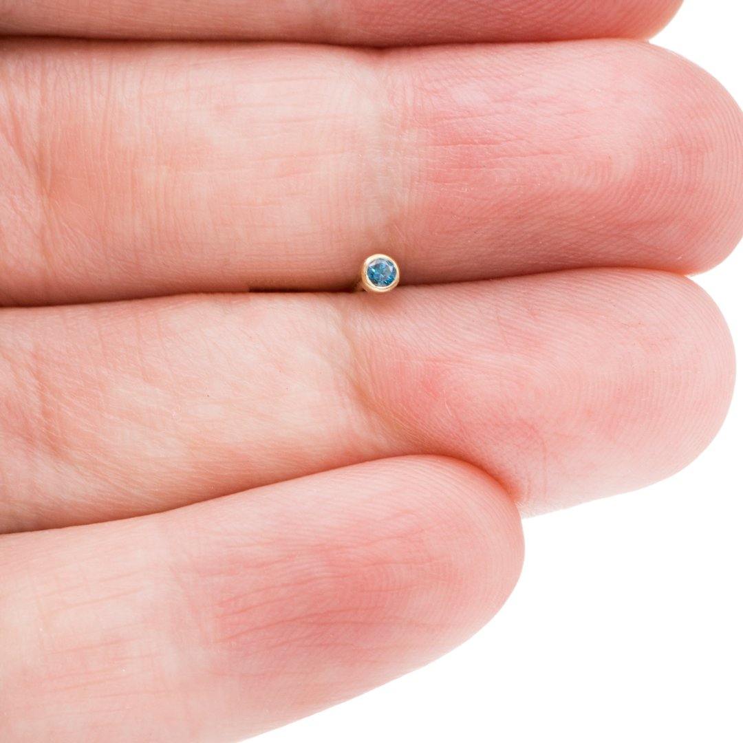 Tiny Teal Blue Diamond Bezel Set 14k Yellow Gold Single Stud Earring 14k Yellow Gold Earrings by Nodeform
