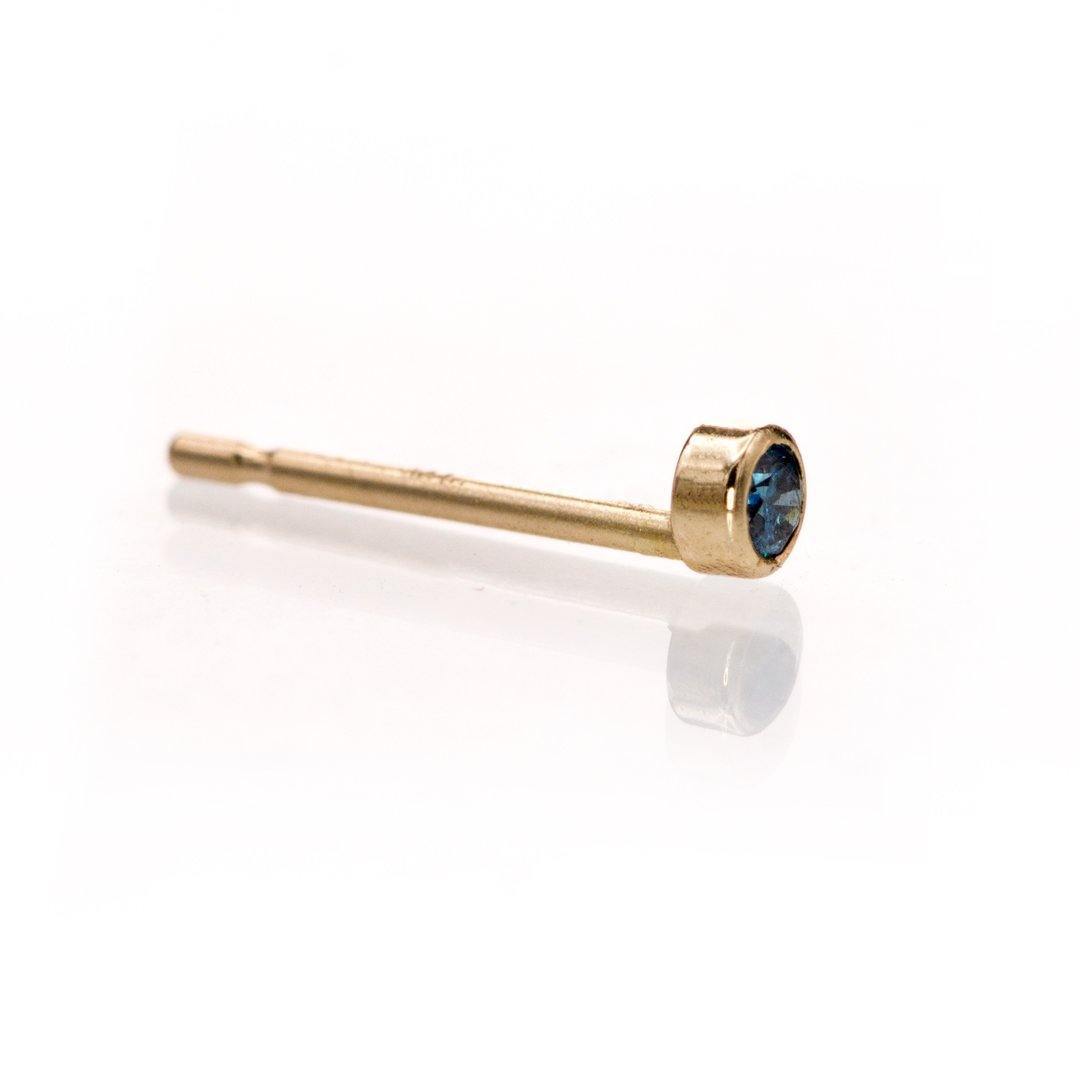 Tiny Teal Blue Diamond Bezel Set 14k Yellow Gold Single Stud Earring 14k Yellow Gold Earrings by Nodeform