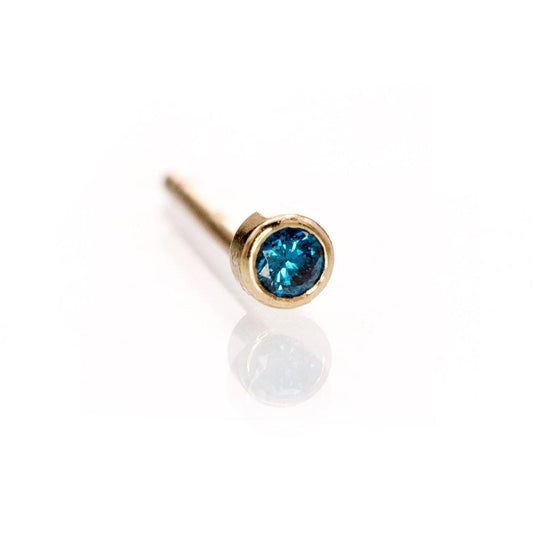 Tiny Teal Blue Diamond Bezel Set 14k Yellow Gold Single Stud Earring 14k Yellow Gold Earrings by Nodeform