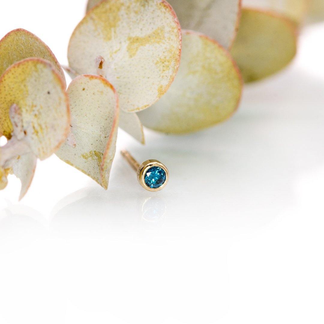 Tiny Teal Blue Diamond Bezel Set 14k Yellow Gold Single Stud Earring 14k Yellow Gold Earrings by Nodeform