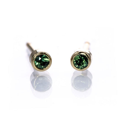 Tiny Teal Green Sapphire Bezel Set 14k Yellow Gold Stud Earrings, Ready to Ship Earrings by Nodeform