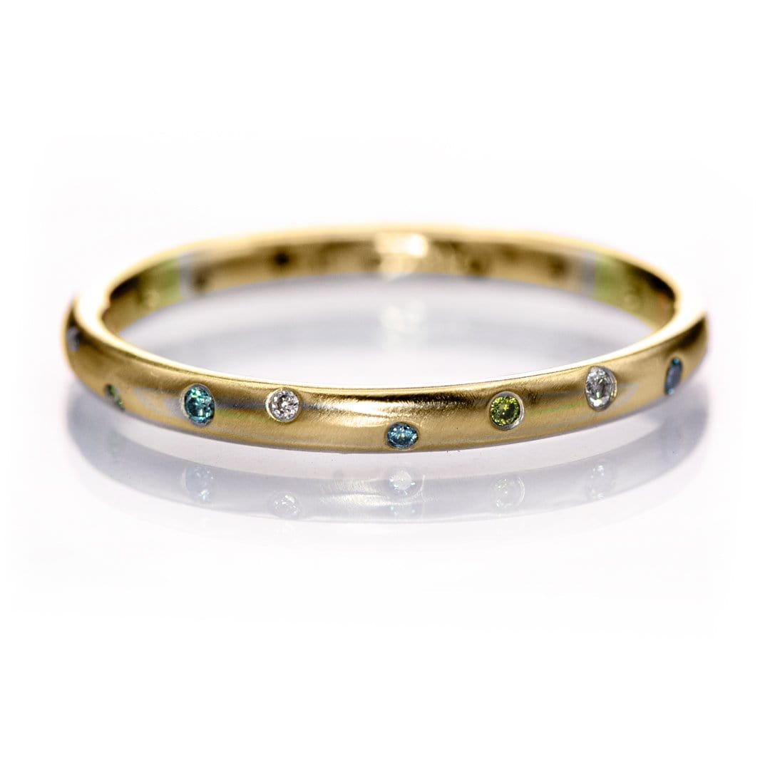 Mariella Band - Narrow Eternity Wedding Ring with white, teal & blue & green diamonds 2mm wide / 14k Yellow Gold Ring by Nodeform